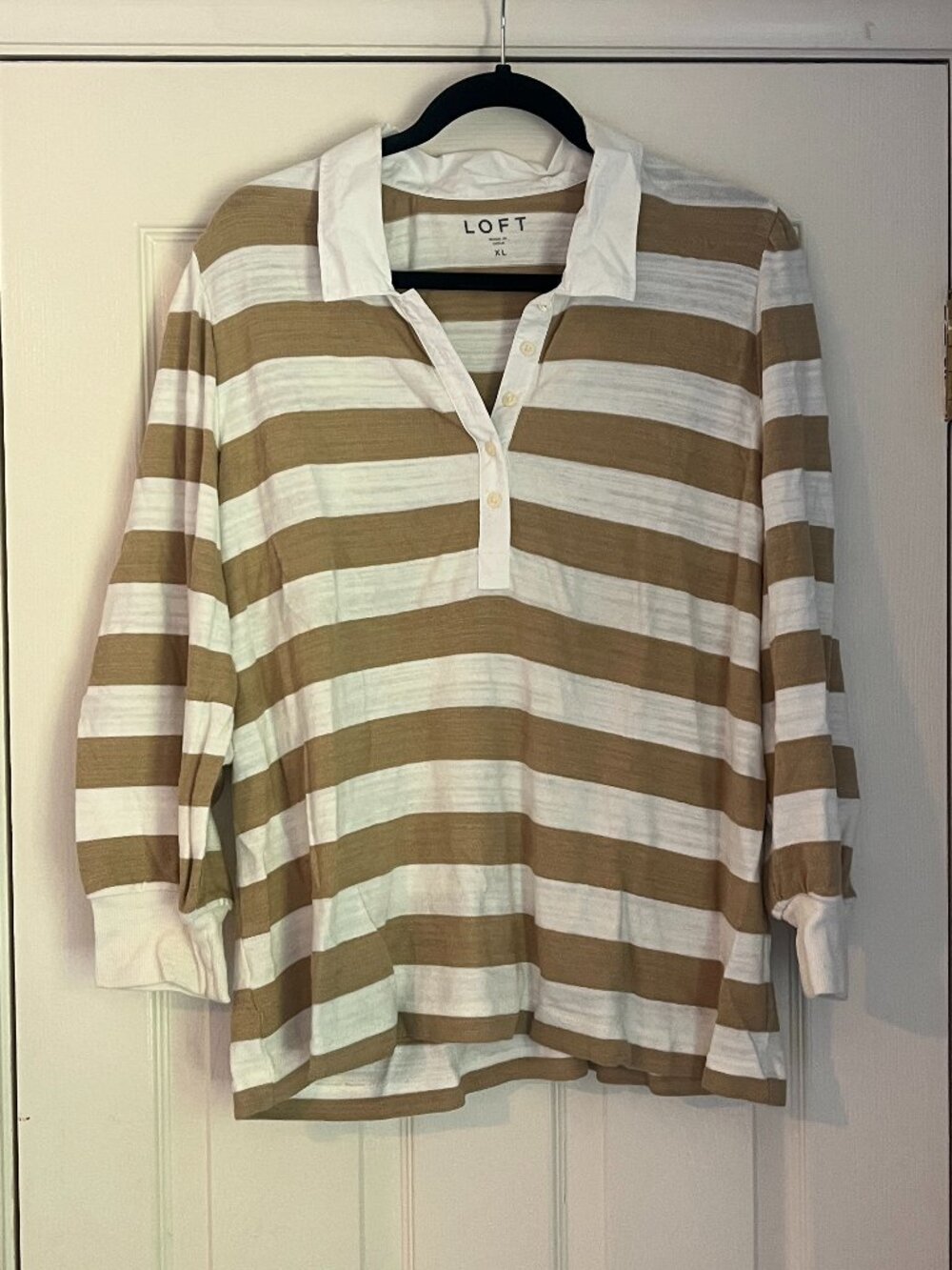 LOFT Beige and Tan Striped Polo Shirt